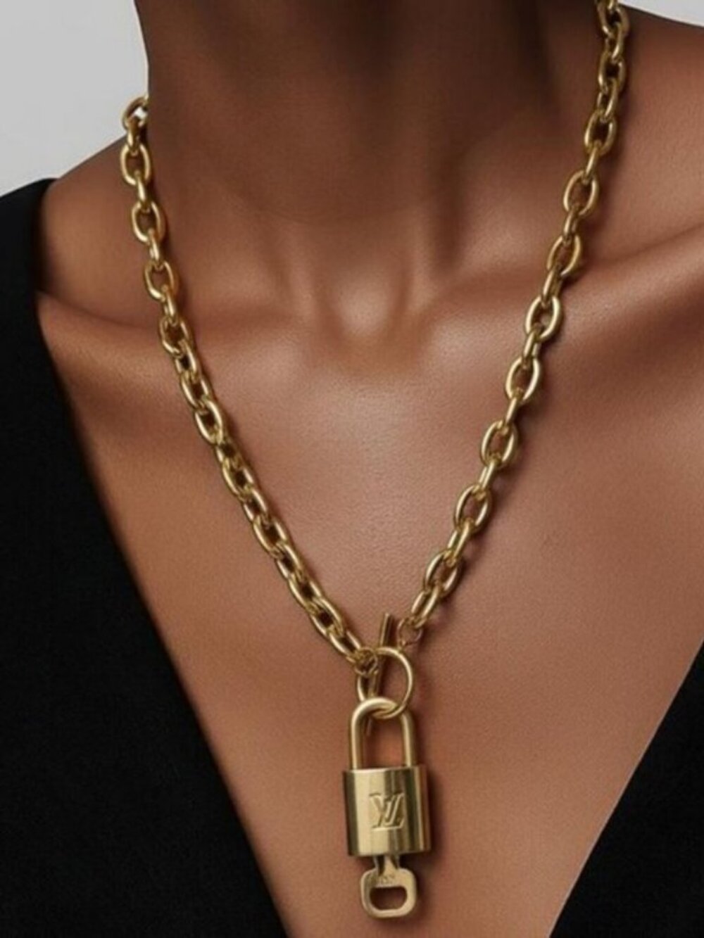 Authentic Louis Vuitton Gold Padlock w/Unbranded Stainless Steel Chain Necklace